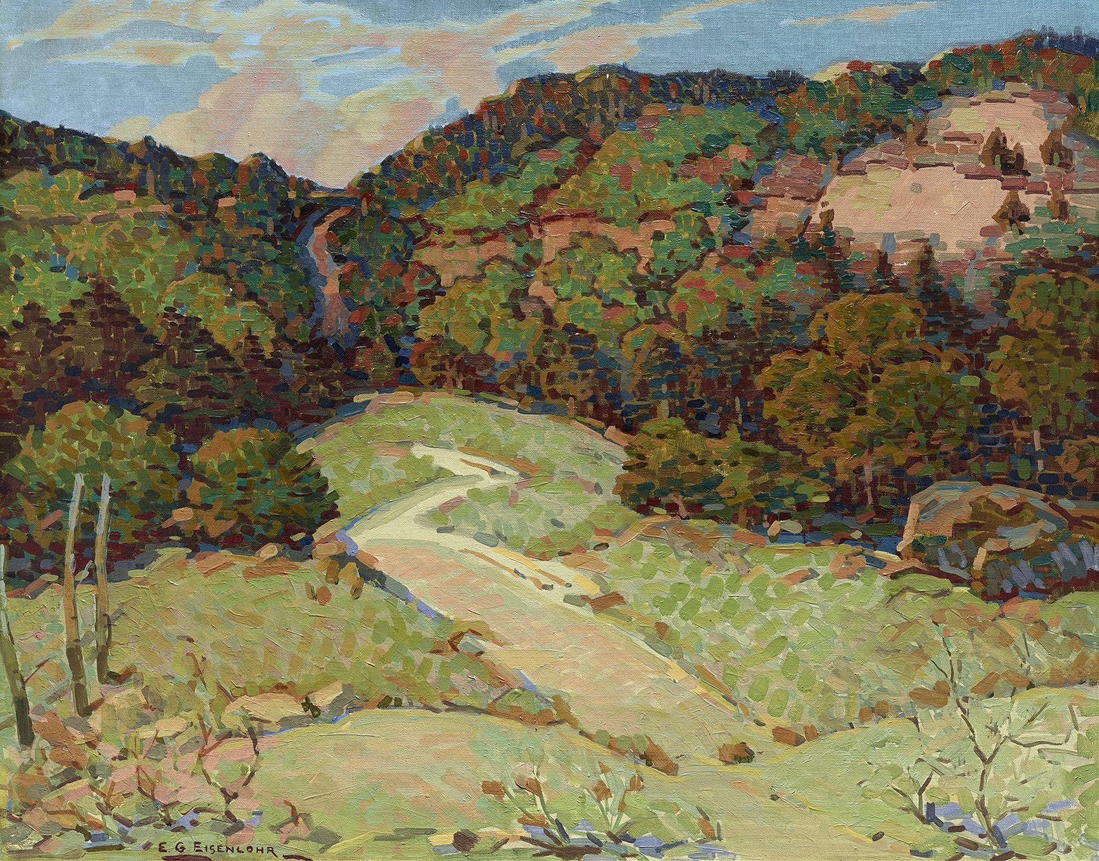 An oil painting of a hilly, forested landscape. A trail winds of grassy knolls in the foreground and disappears between forested hills in the distance. 