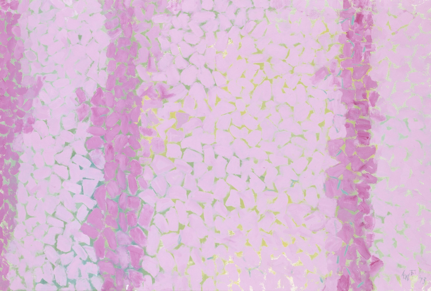 An abstract acrylic painting in fragments of pink overlaying a dappled turquoise and yellow background.