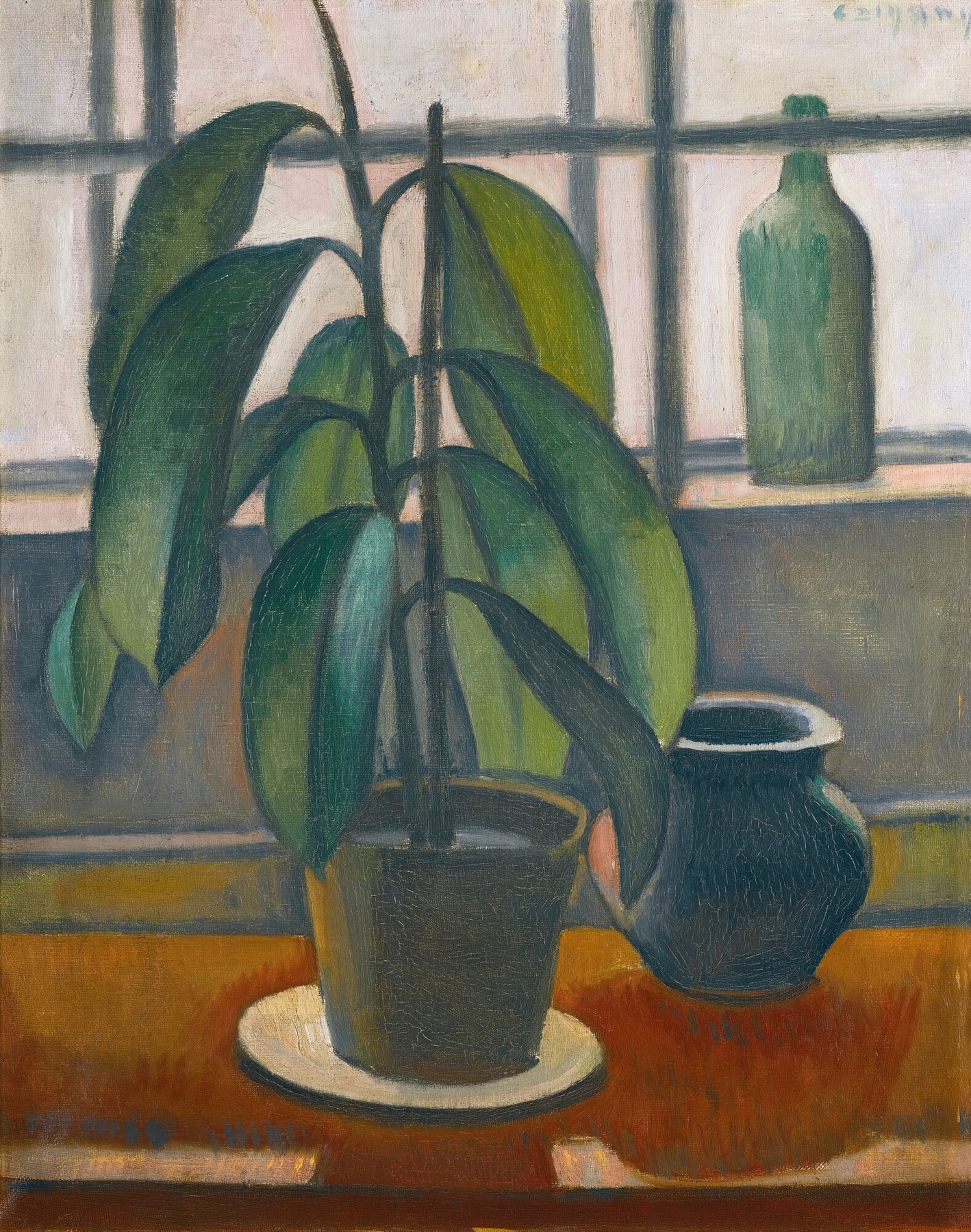 An oil painting of a houseplant with dark, smooth leaves sitting in front of a bright window.