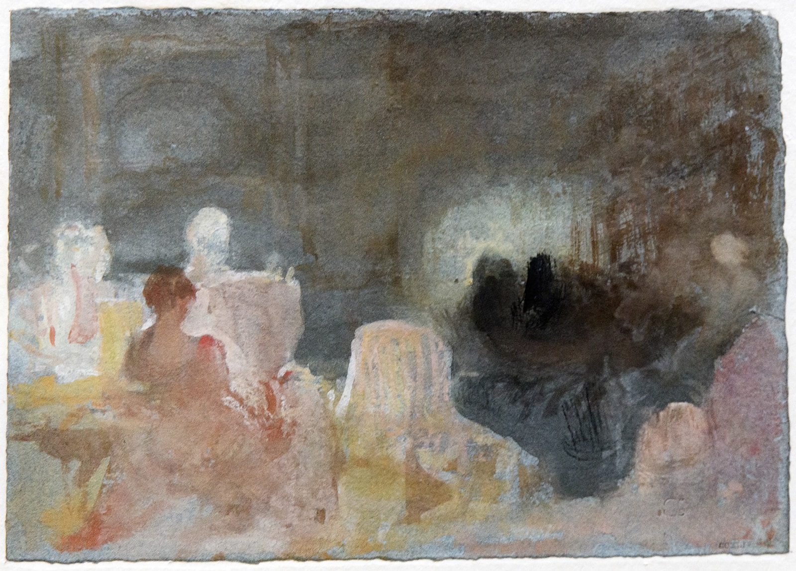 An impressionistic watercolor painting of a room cast in warm lamplight. A lone female figure sits facing away, as if intent on some secret task.