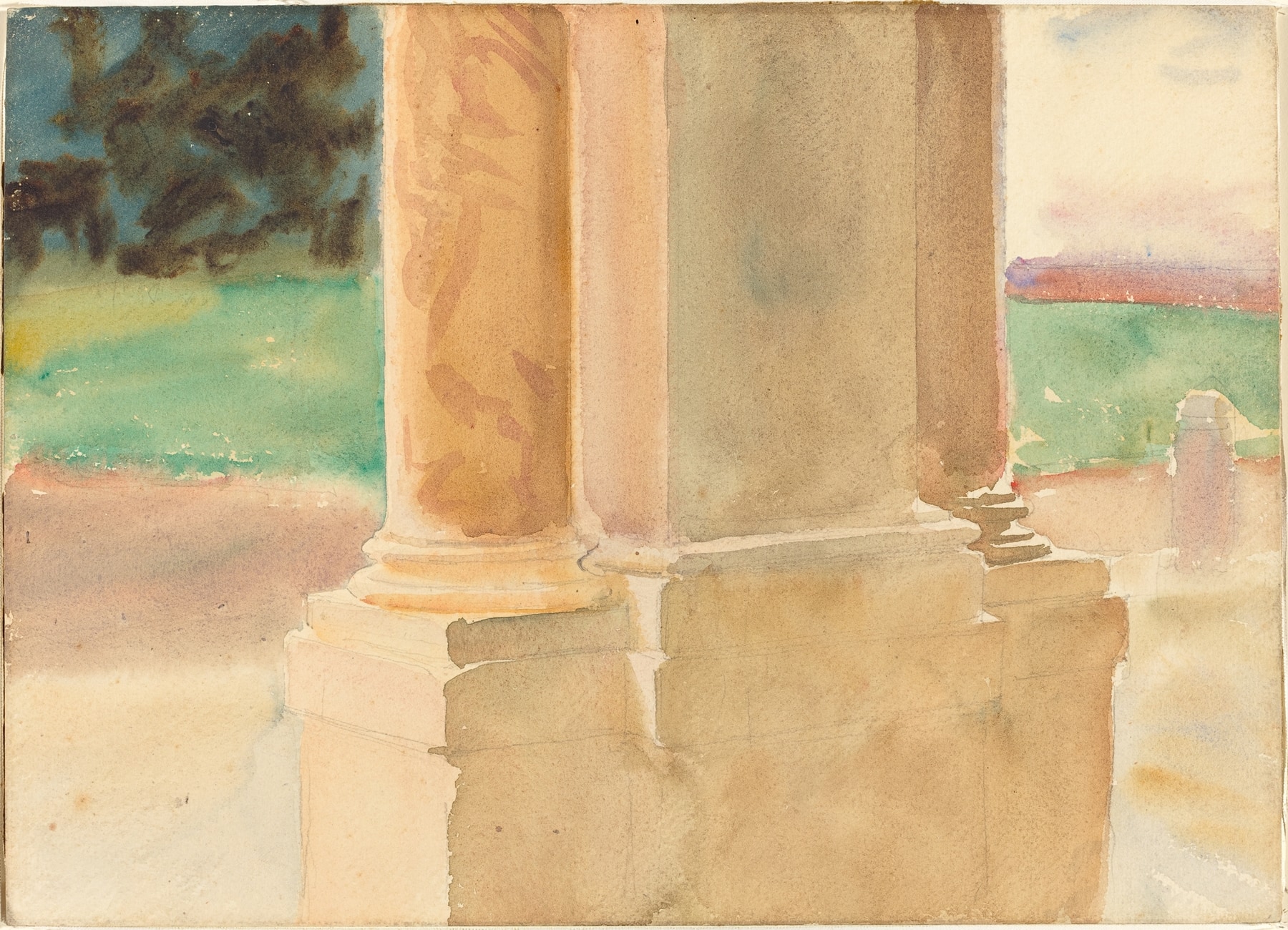 A watercolor painting of the base of a pale column at the edge of a garden.