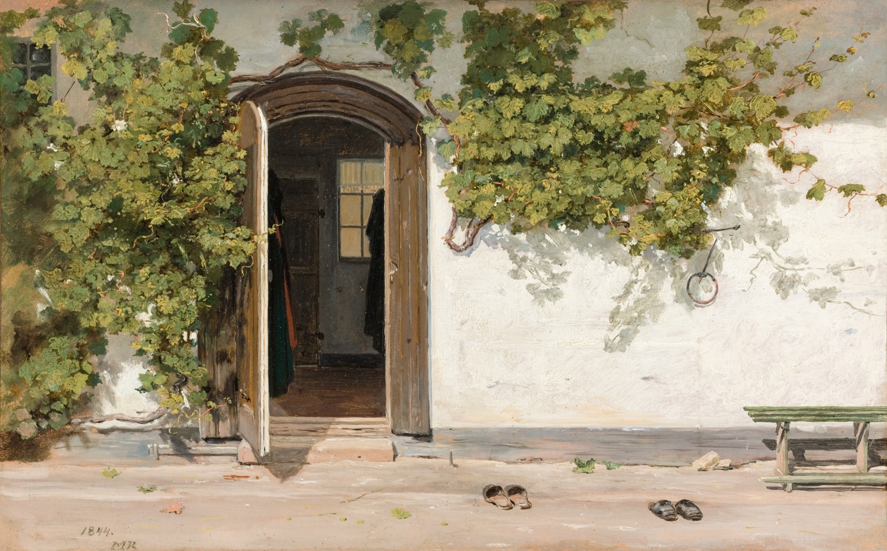 A bright painting of a sunlit doorway in the stone wall of a building covered in grape vines. Two pairs of sandals wait outside the door.