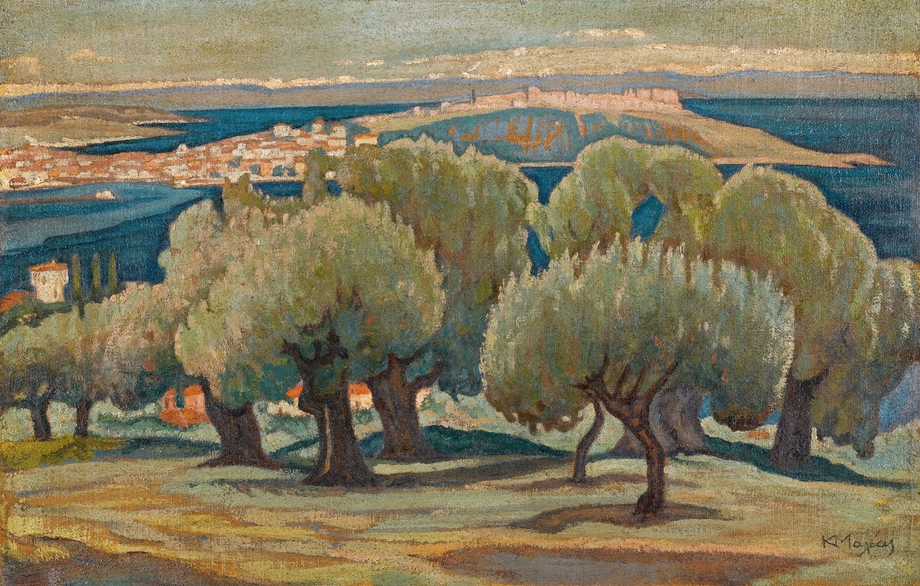 A soft painting of an olive grove on a hillside overlooking an ocean coastline. White buildings with tile roofs dot the hills in the background.