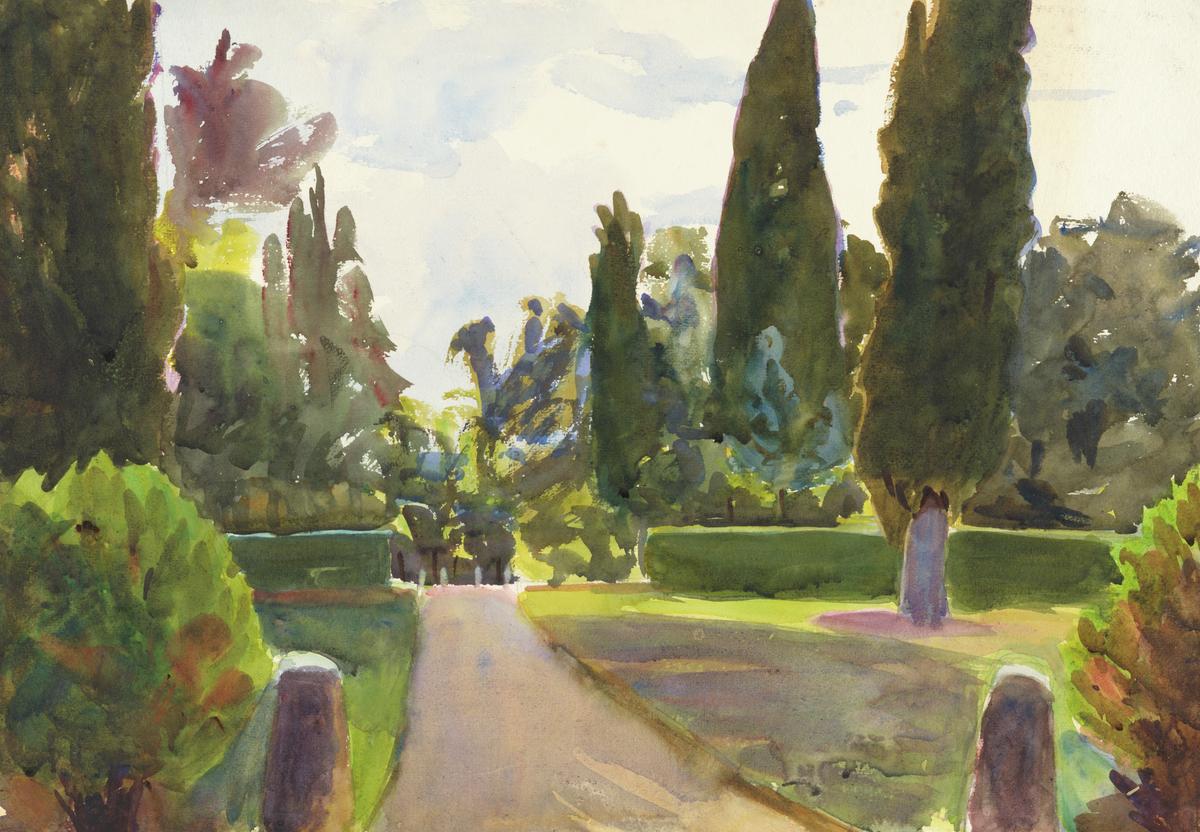 A bright watercolor painting of a garden path extending straight between poplars and a low hedge. Morning sunlight kisses the treetops.