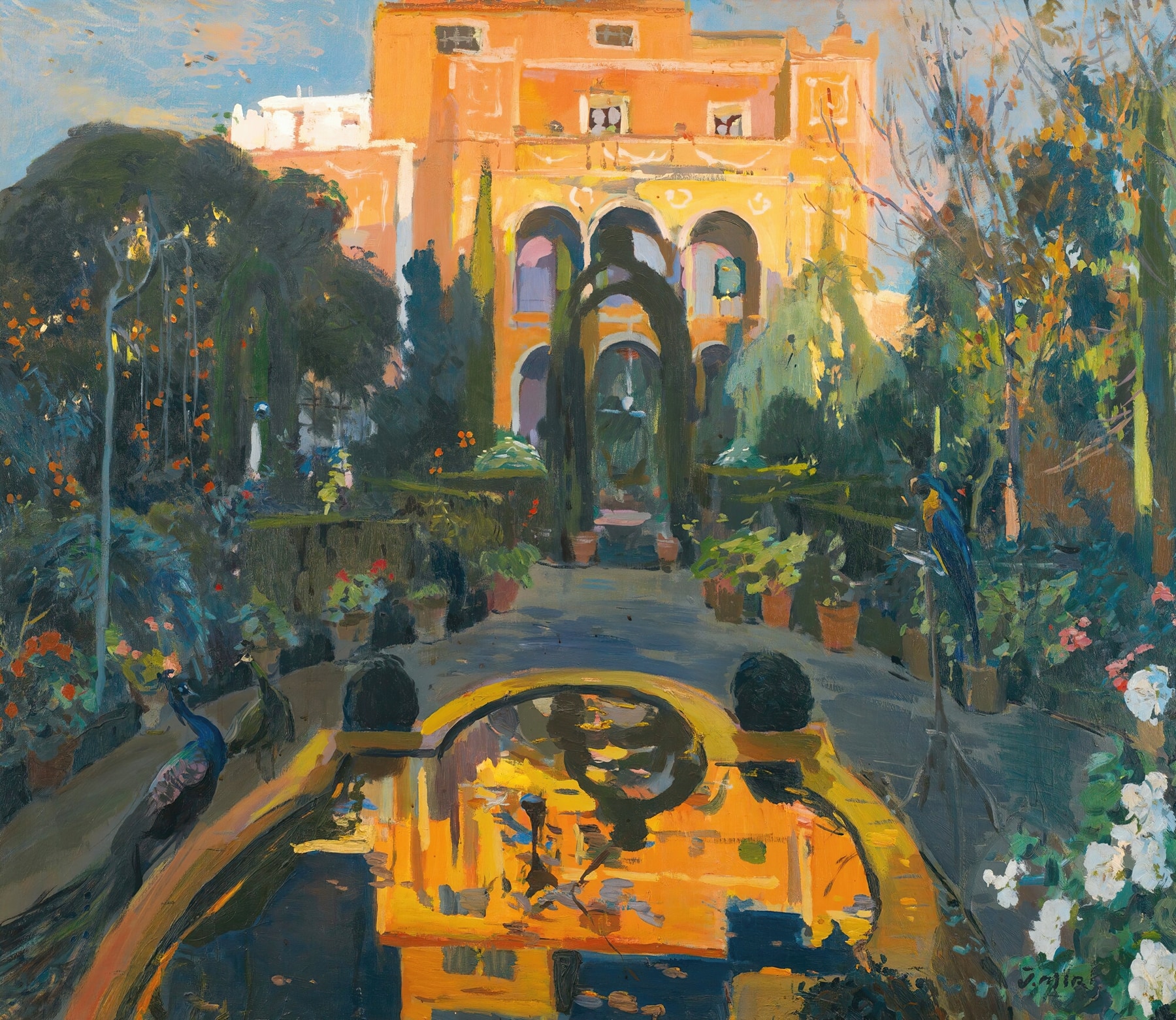 A bright painting of a garden lit by the morning sun. An orange stuccoed building reflects in a calm pool amid abundantly blooming flowers.
