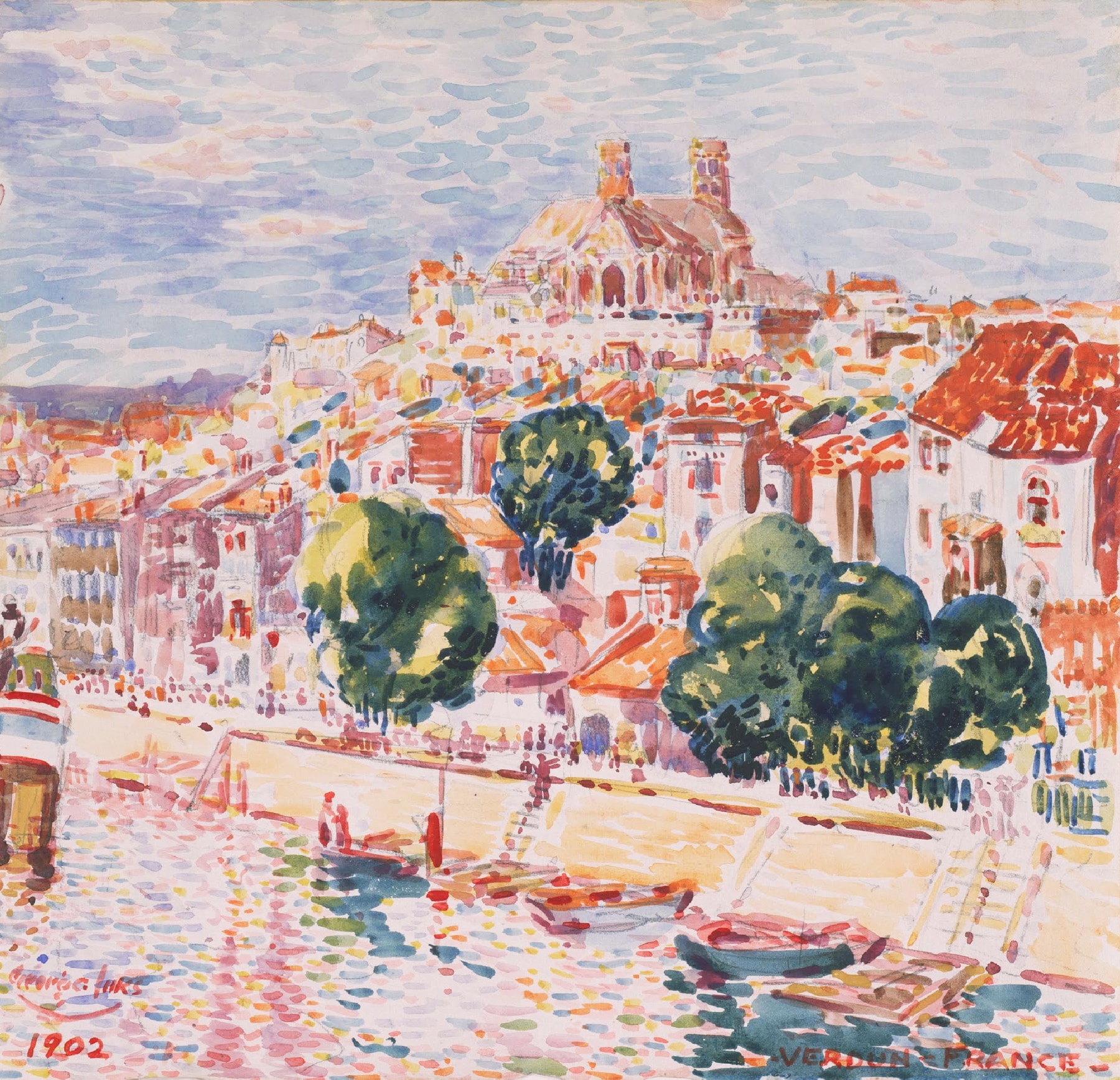An unruly watercolor painting of a bustling riverbank and promenade at the center of a small city.