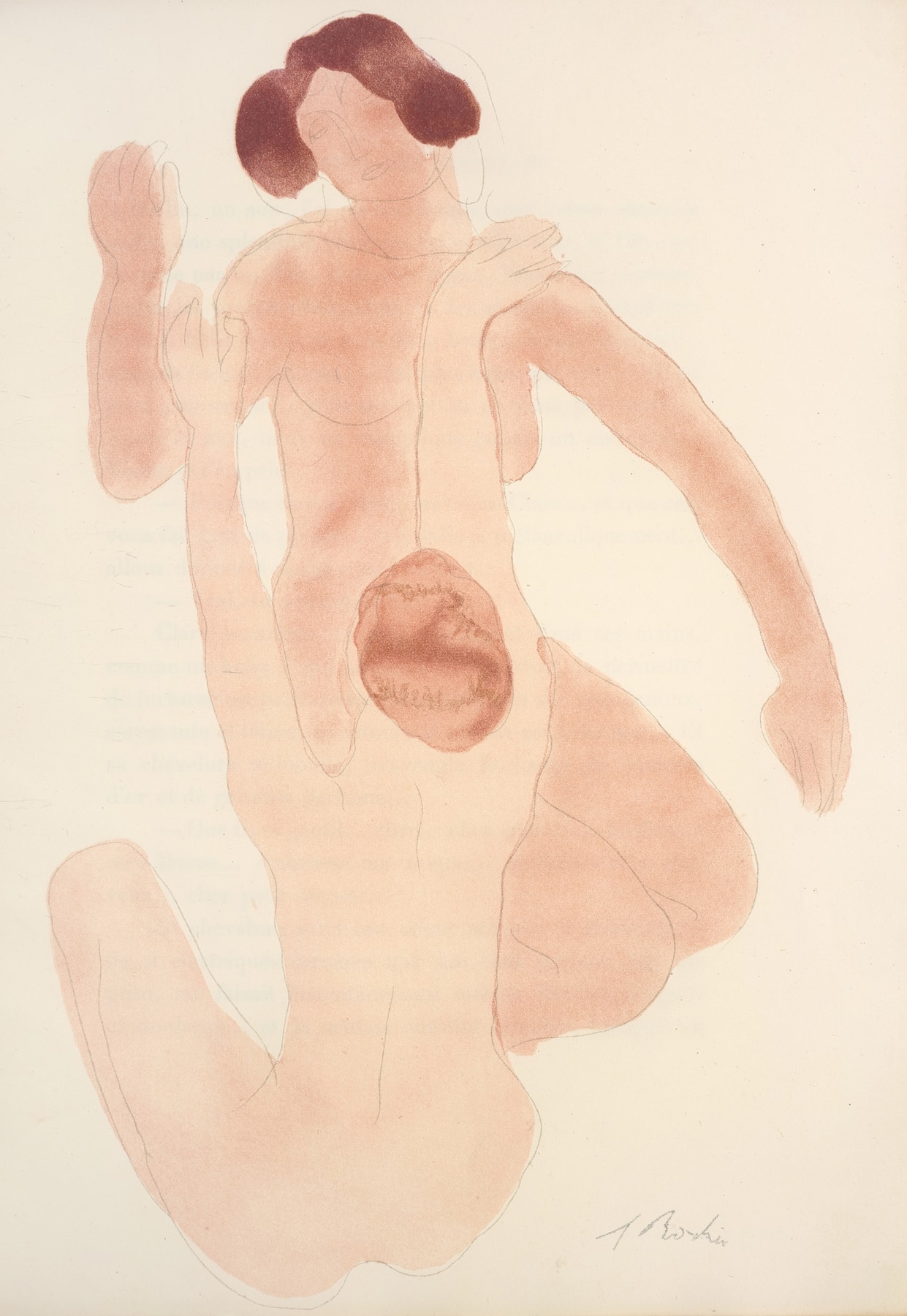A pencil and watercolor sketch of two seated feminine forms raising their hands to embrace.