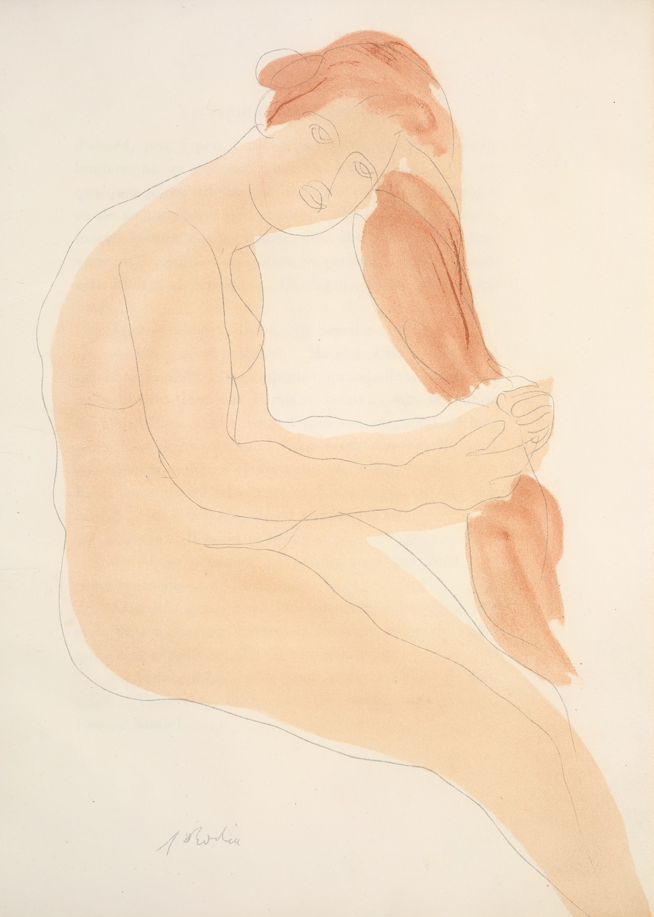 A pencil and watercolor sketch of a seated feminine form gathering her long hair in her hands.