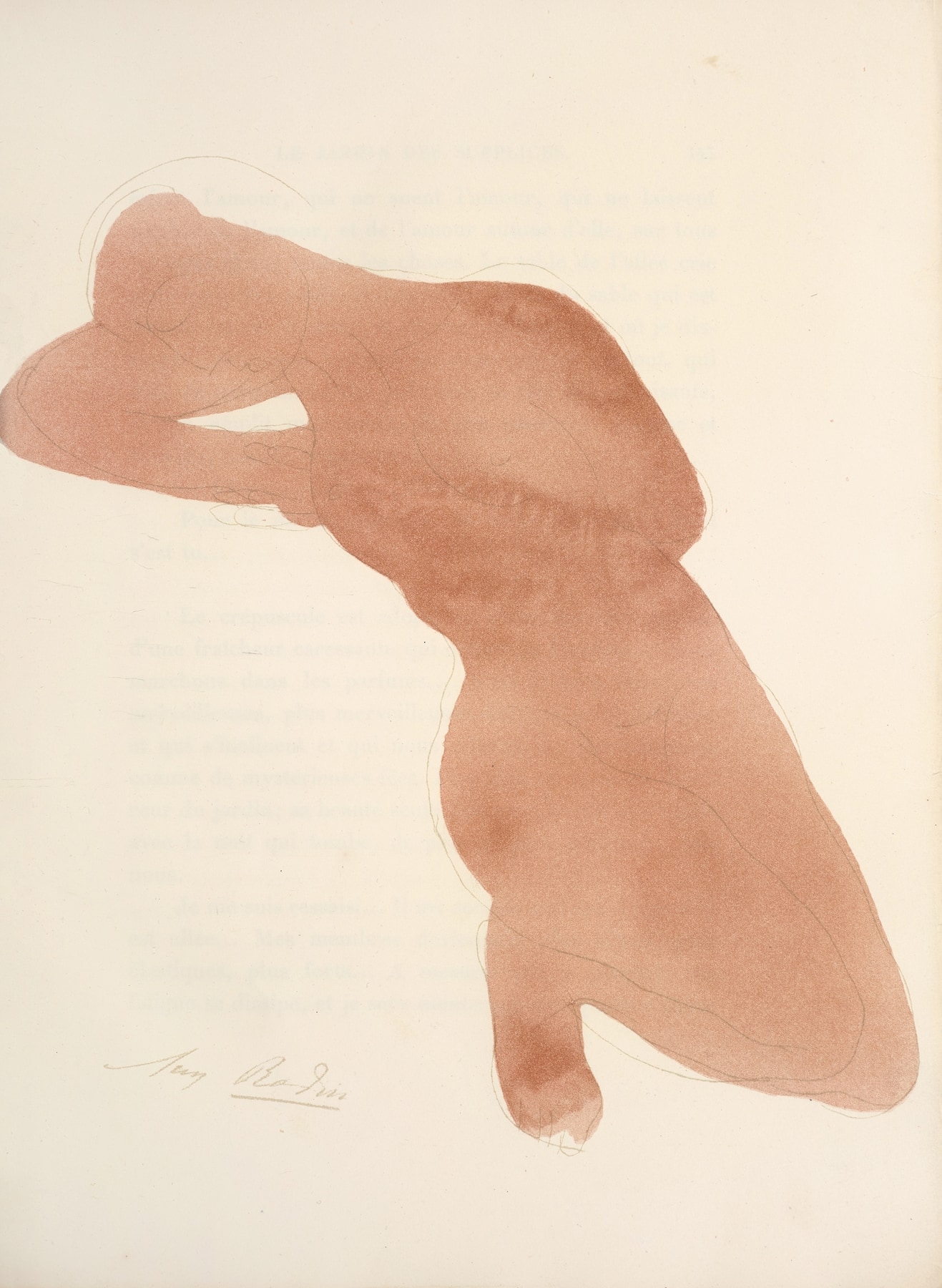 A pencil and watercolor sketch of a feminine form crouching and leaning left on  bent elbow.