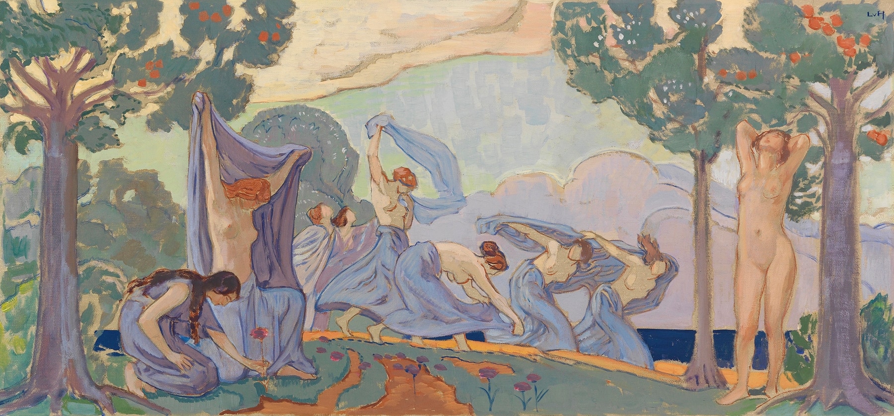 An oil painting of nine women on a sunlit hill over the sea. Seven dance topless with flowing periwinkle robes while an eighth kneels to pick a red flower. The ninth stands nude to the right with her hands raised behind her head.