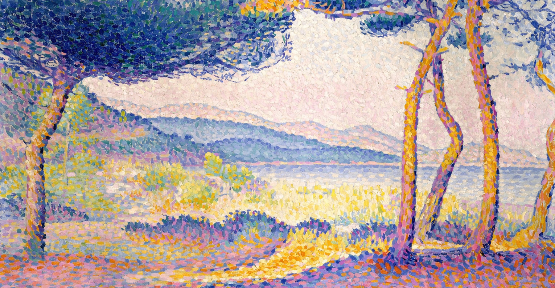 A warm pointillist painting of a group of pines with the coastline in the background.