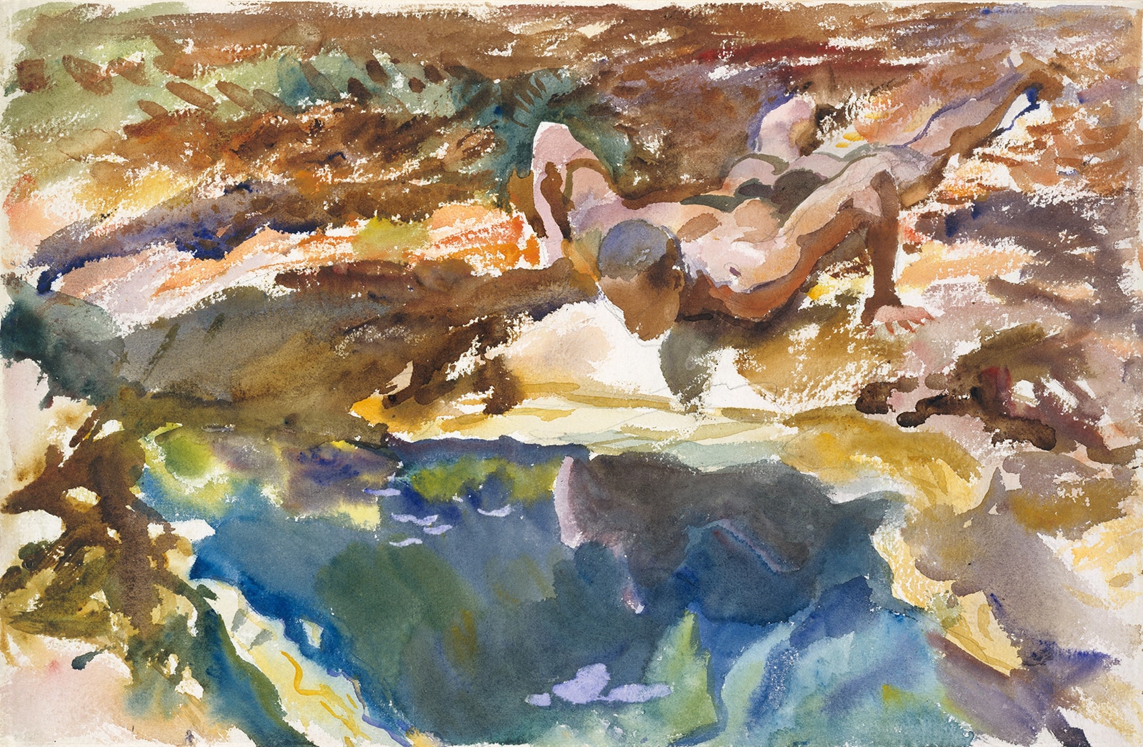 An impressionistic watercolor painting of a nude man laying on his stomach gazing down into a tidepool.