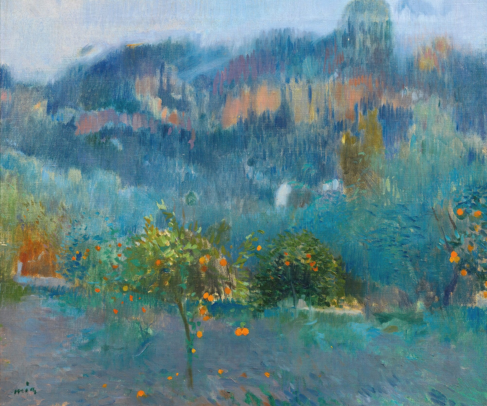 A cool-toned impressionistic oil painting of an orchard in the blue shade of evening. An orange tree stands in the foreground studded with bright fruit.