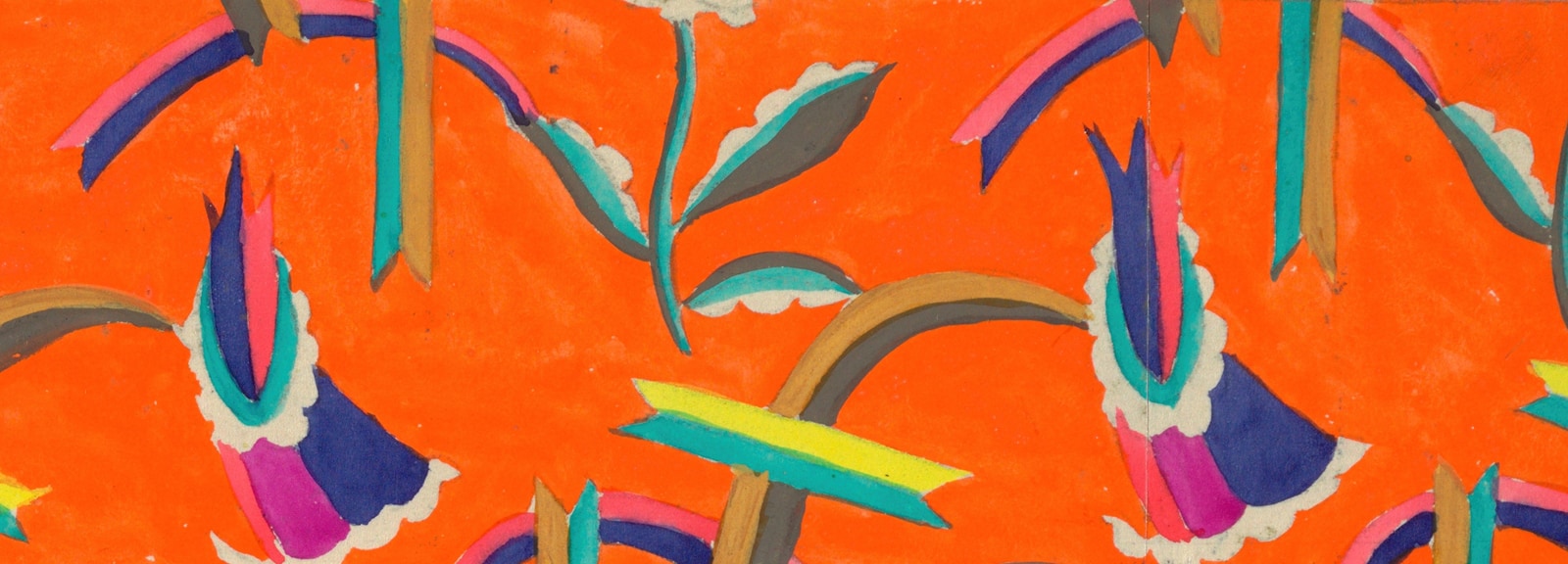 A painted pattern of repeating brightly-colored flowers and ribbons set against an orange background.