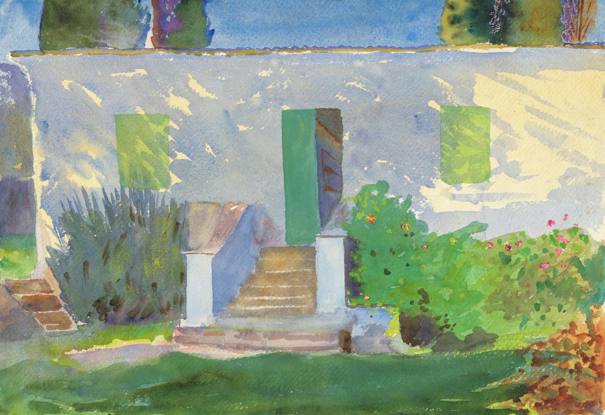 A vibrant watercolor painting of a flat-roofed white house in bright sunlight. Nearby trees cast branchy shadows on the walls and shrubs flower either side of the front steps. The turquoise door stands partially open, inviting the viewer in.