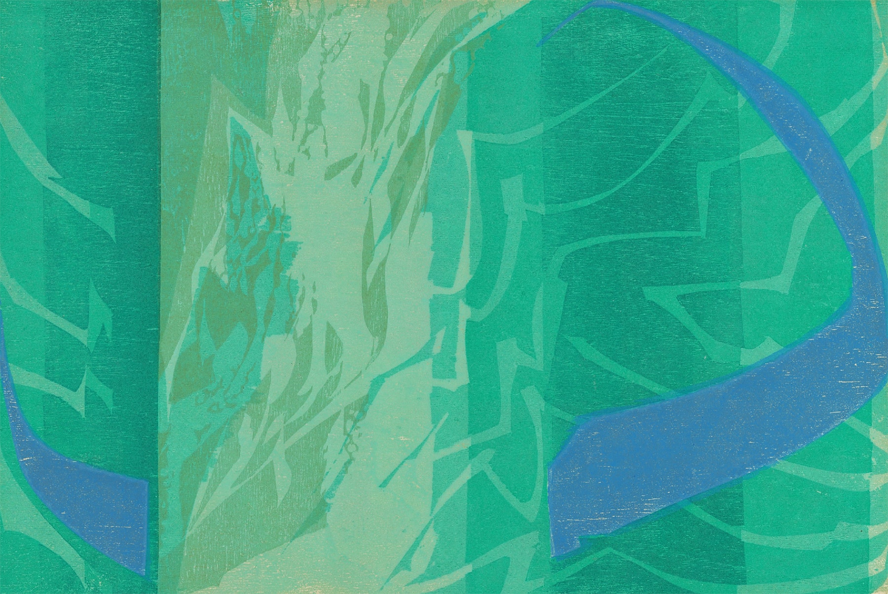 An abstract woodblock print suggesting a blue river looping through green foliage.