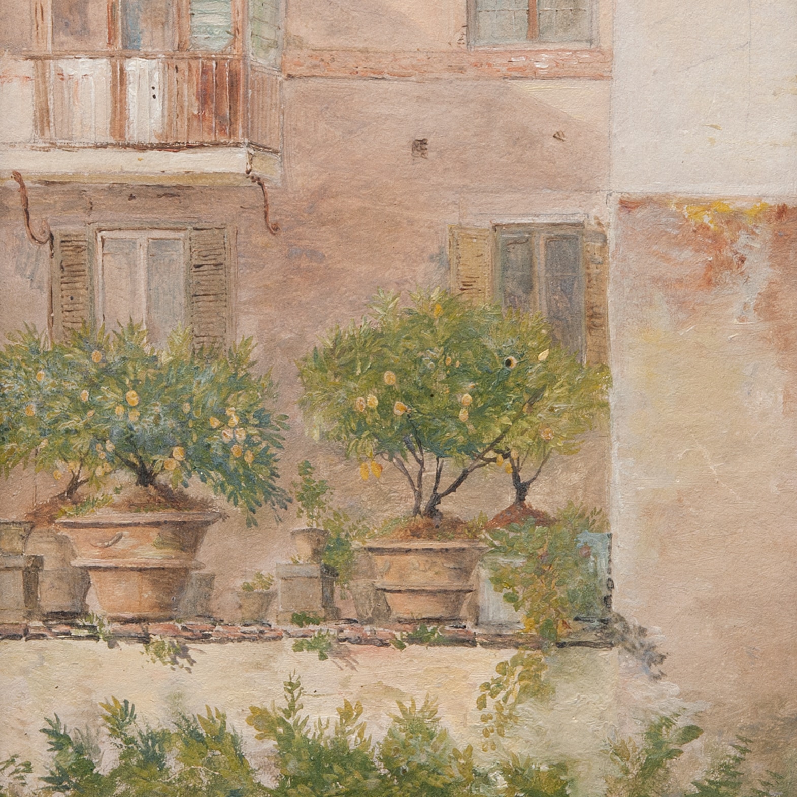A pale painting of a sunlit patio with three potted lemon trees sitting on a stone wall.