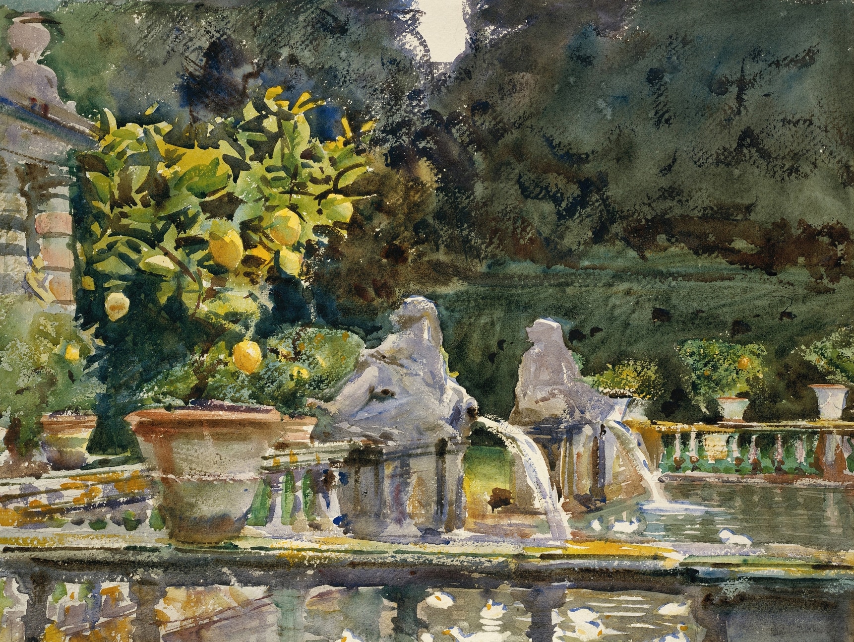 A bold watercolor painting of a fountain surrounded by dark foliage. A potted lemon tree heavy with ripe fruit sits on a stone railing.