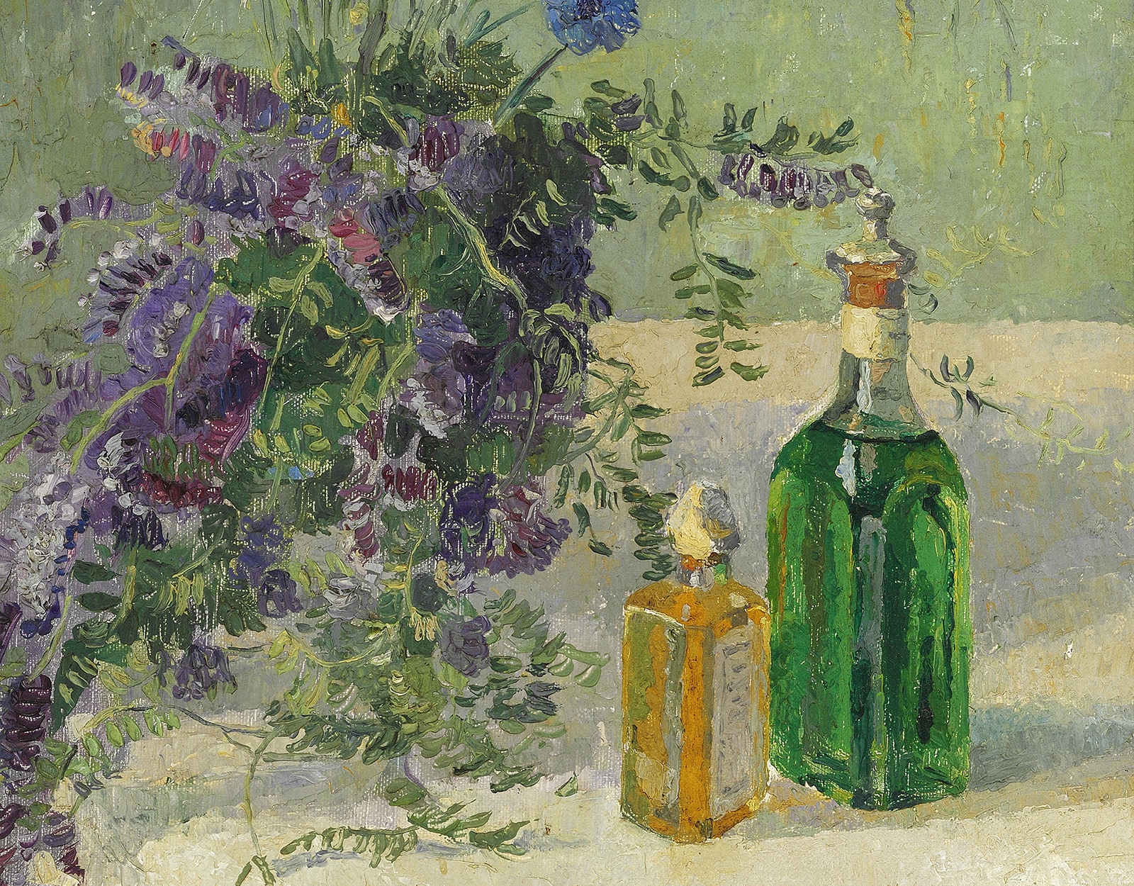 An oil painting of two bottles sitting on a table next to a vase of blue flowers