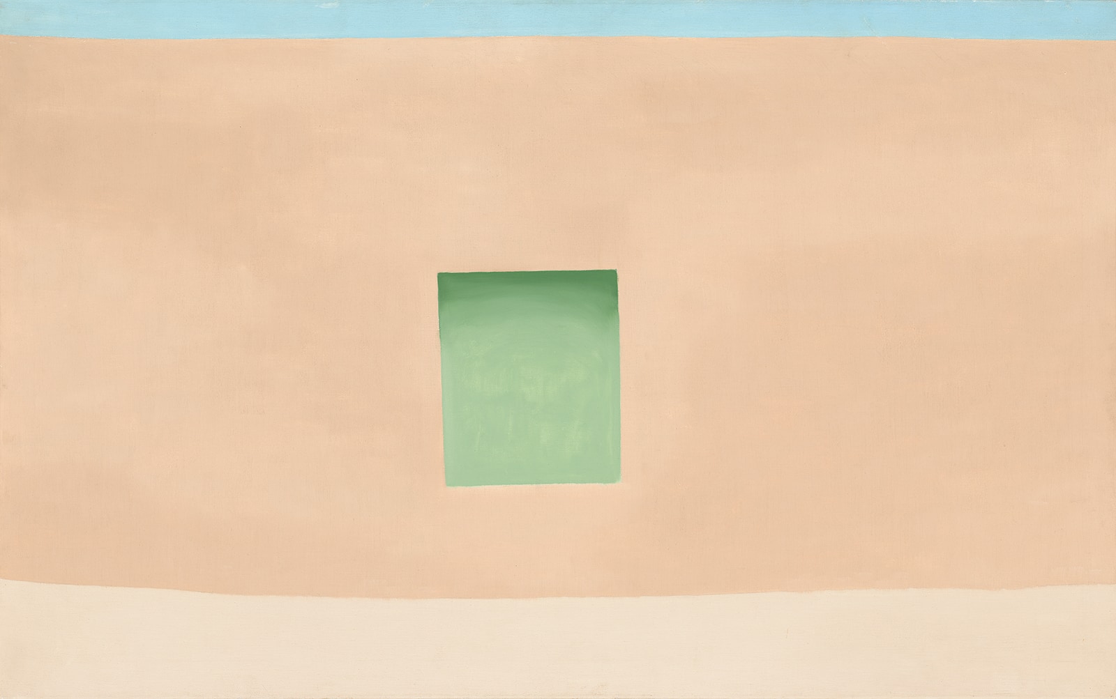 An abstract oil painting showing three horizontal bands of light color: sky blue at the top, then peach, then beige at the bottom. In the middle of the peach band is a light green rectangle.
