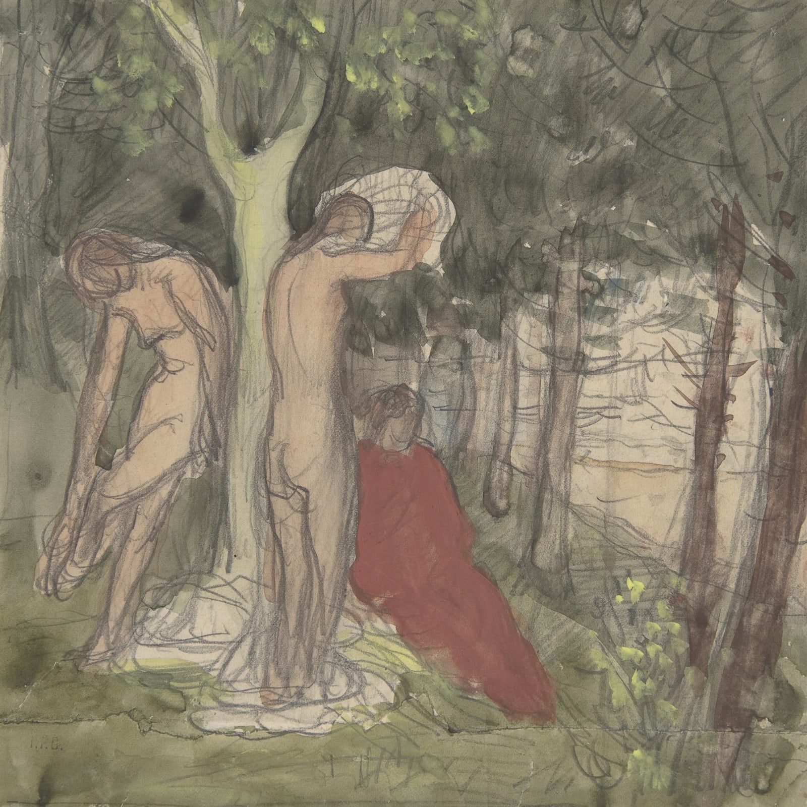 A pencil drawing with watercolor painted over top depicting three figures surrounding the trunk of a tree in an open woodland. Two of the figures are nude, in the process of drying themselves after a swim. The third is seated and wrapped to the neck in a brick red cloth. The pencil lines and watercolor blocks are loose and lively.