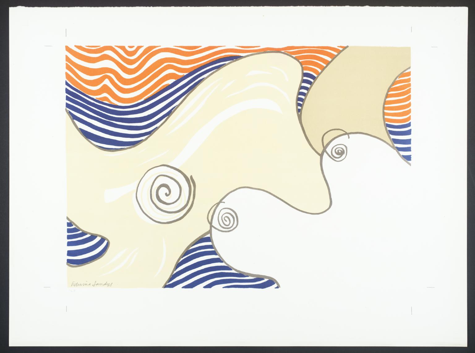 An abstract color lithograph rendered in lines of orange, dark blue, cream and warm gray. There is the suggestion of sunny sky, a lively sea, sand, and a pair of large bare breasts with jaunty spirals for nipples.