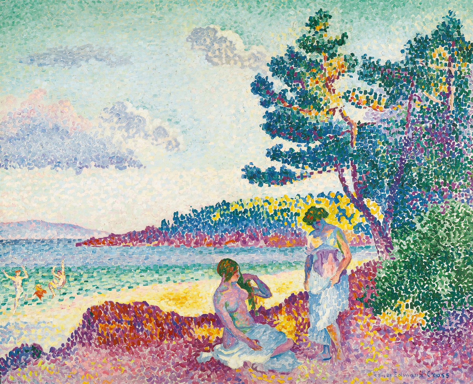 A bright impressionist painting of two women undressing near the beach.