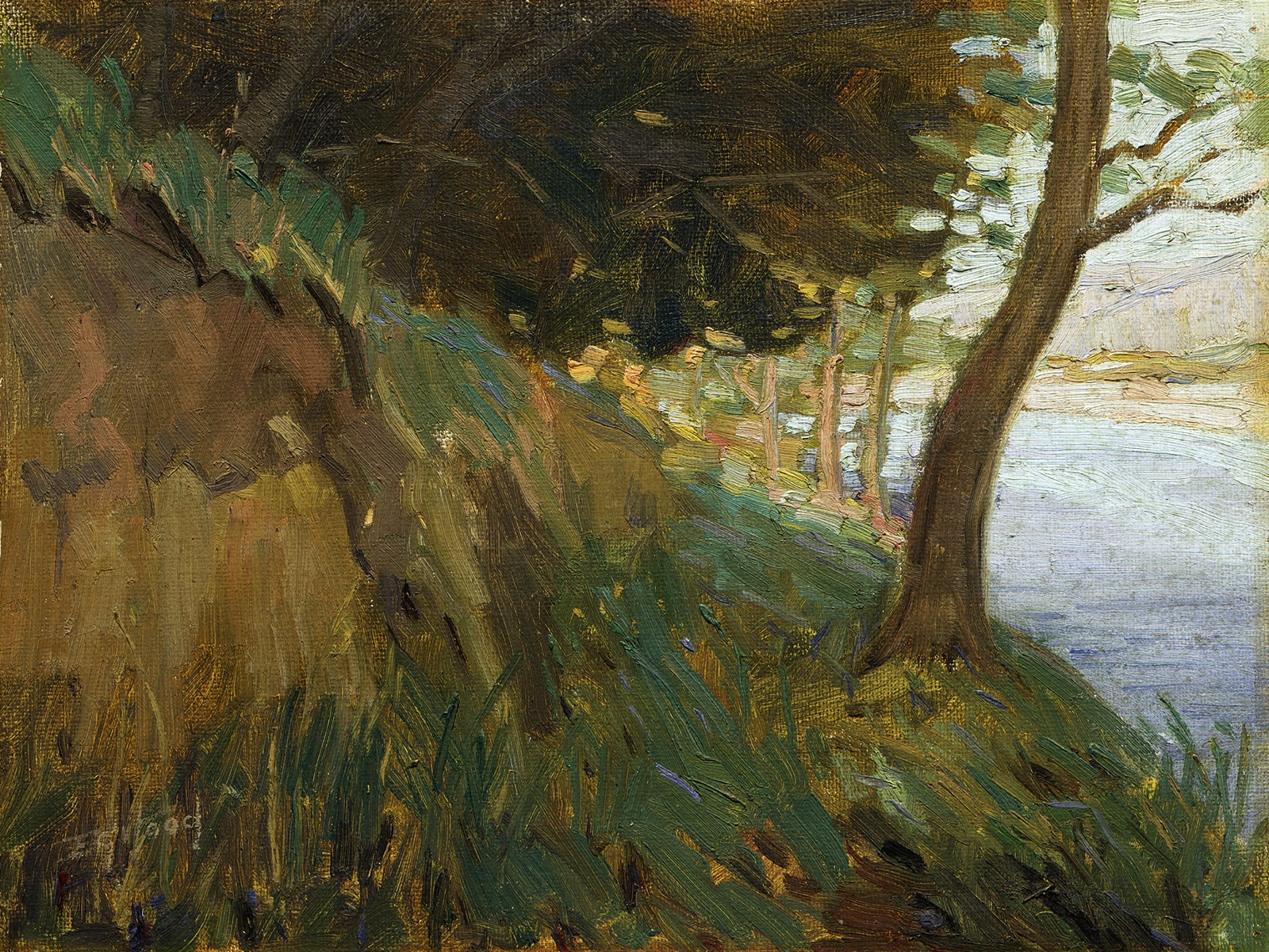 An oil painting of the verdant, forested bank of a small river. Trees shade the bank, and the water is lit brightly by full sun. It looks like a fine spot to undress and sneak in a swim.