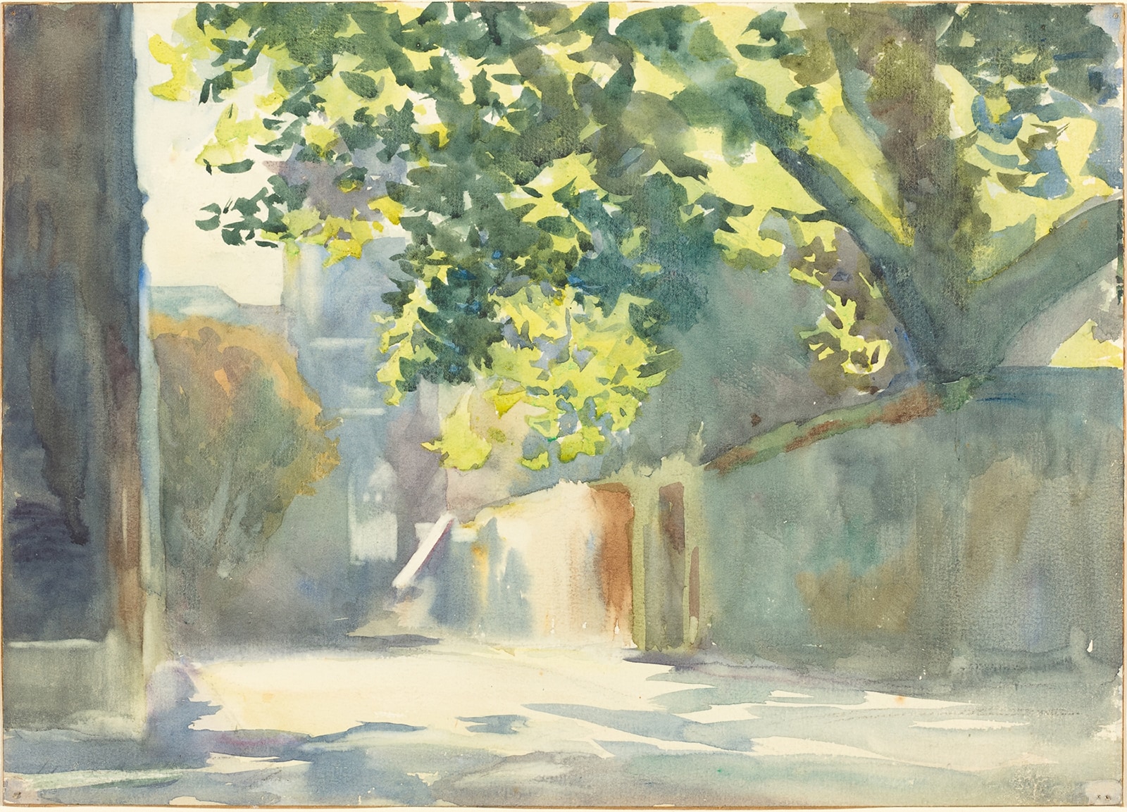 An impressionistic watercolor painting of a street scene empty of people. Bright sunlight shines down through the leaves of a tree and illuminates a low white stone wall along the sidewalk. The street is dappled with shadows.