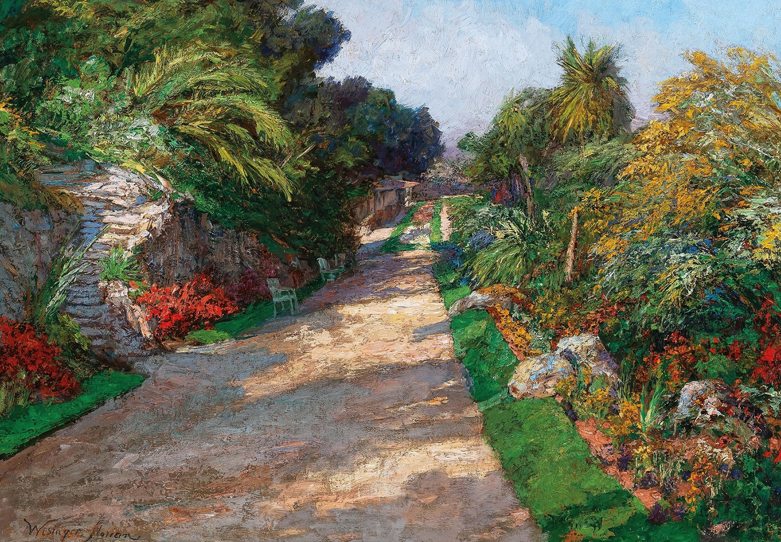 An oil painting of a path leading uphill through a lush garden. A stone stairway rises out of sight to the left.