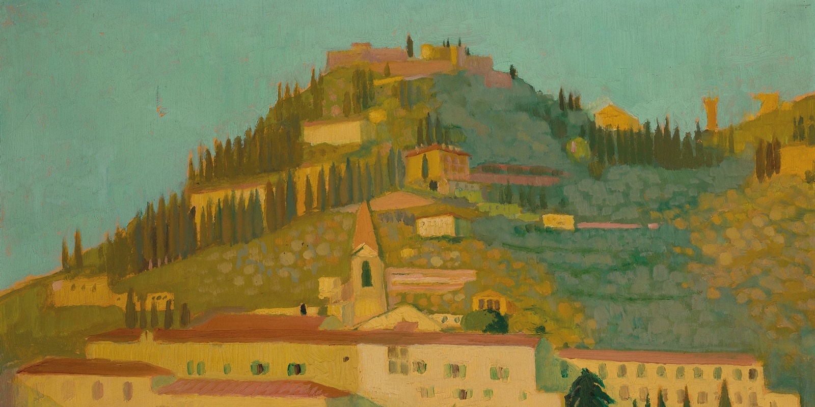 A painting of a sunlit forested hill topped with a castle.