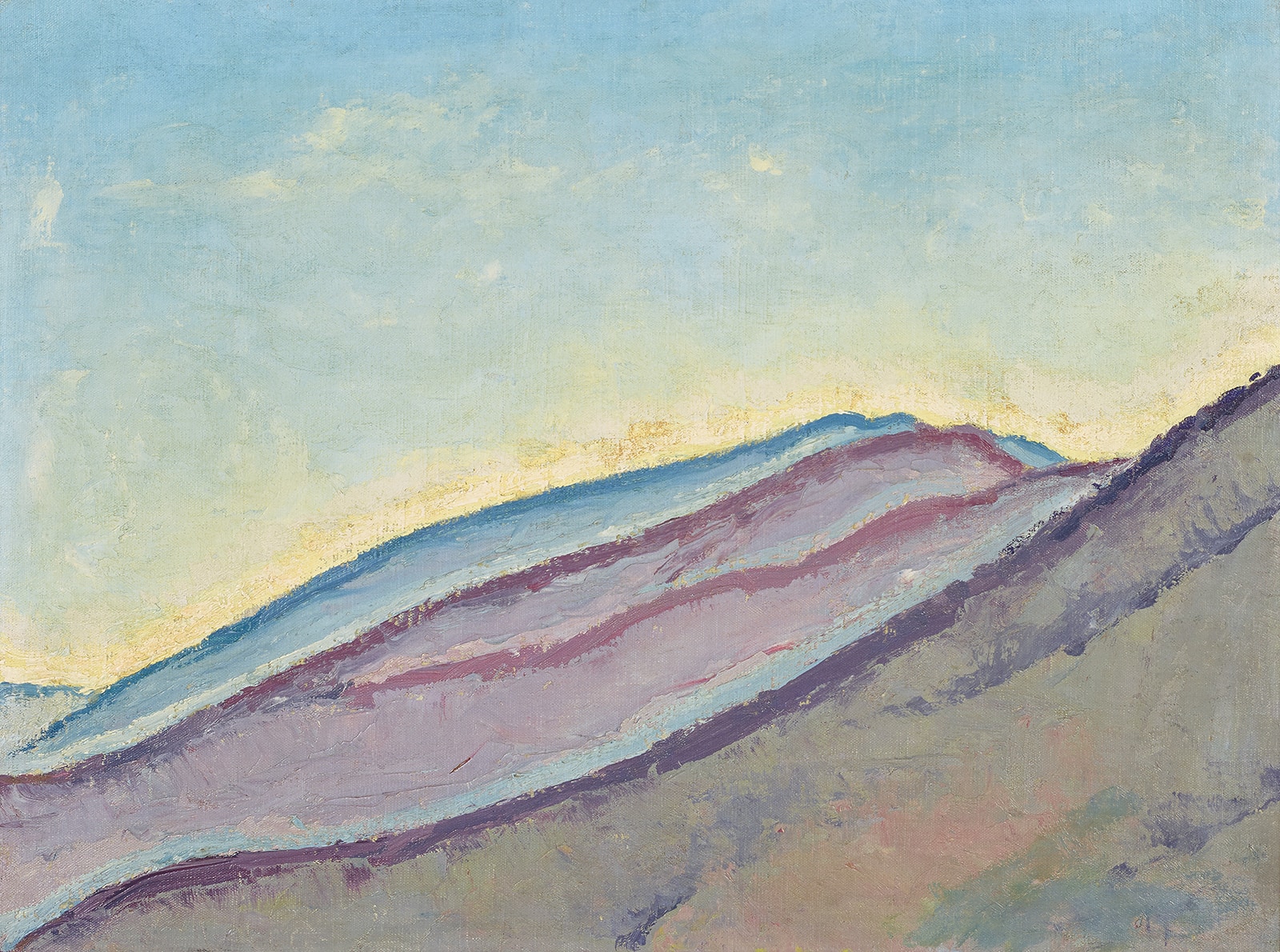 A painting of mountain slopes against a soft evening sky.