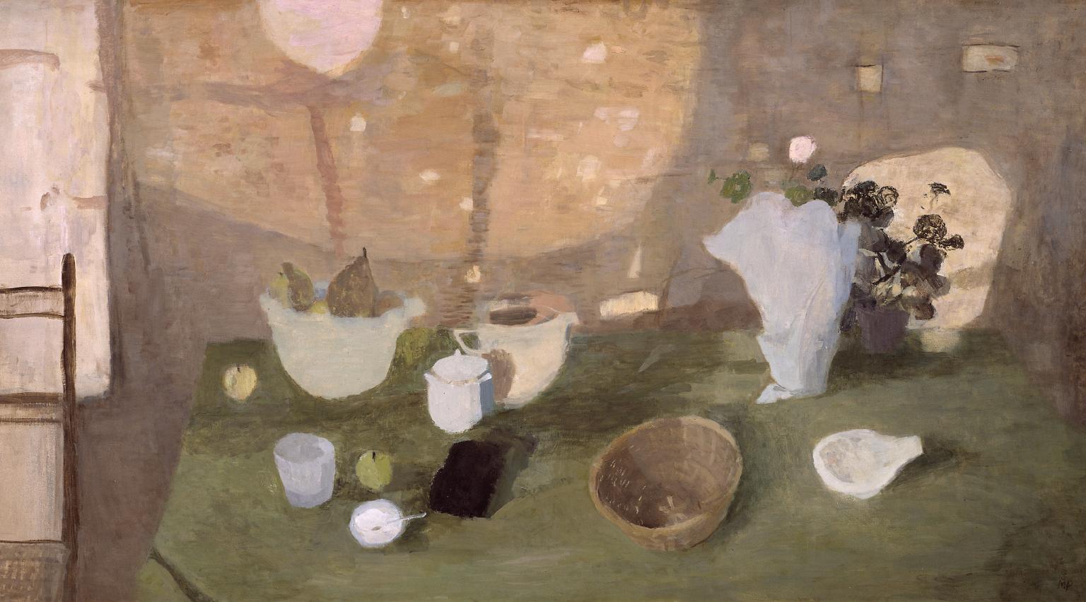 A slightly impressionistic oil painting of a still life on a table. Pears, bowls and pitchers, a basket and a white vase of flowers are arranged on the green surface. Sunlight plays abstractly on the wall behind.