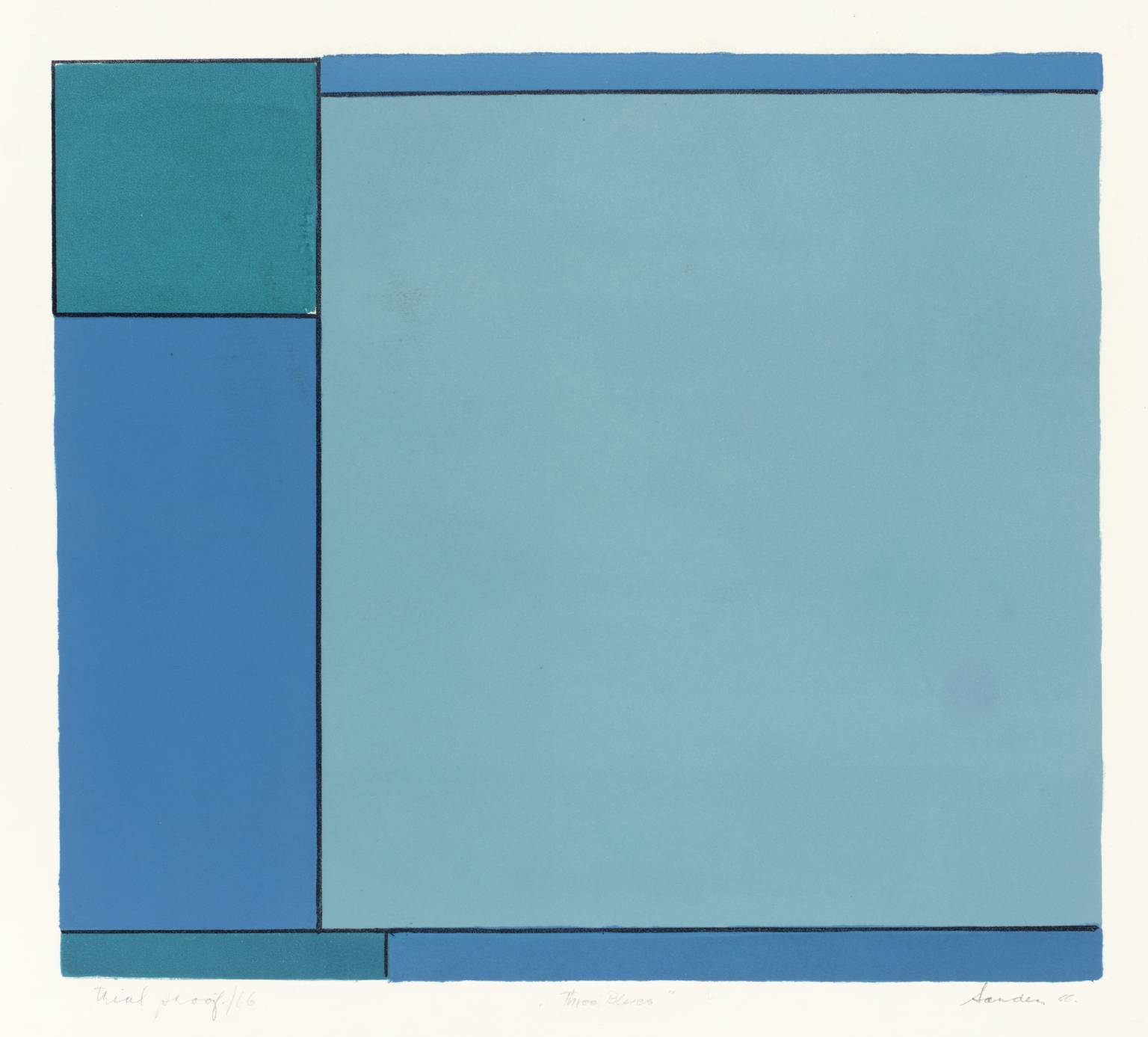 A geometric, abstract painting of a group of rectangles rendered in three shades of blue, ranging from teal to cornflower. They are separated by thin black lines.