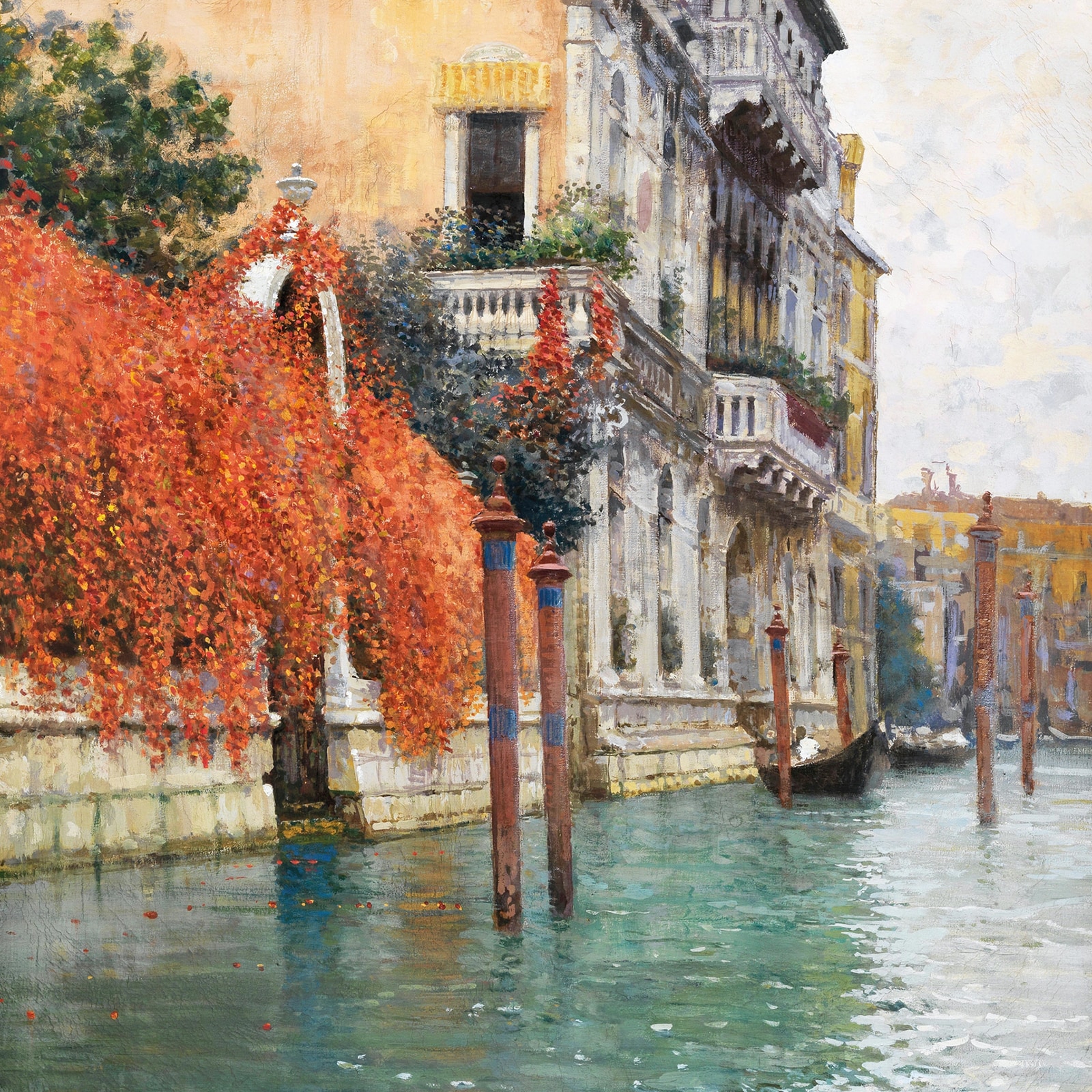 A painting of a Venetian canal. Bright foliage and flowers cascade from the stone buildings and a few boats bob in the calm water.