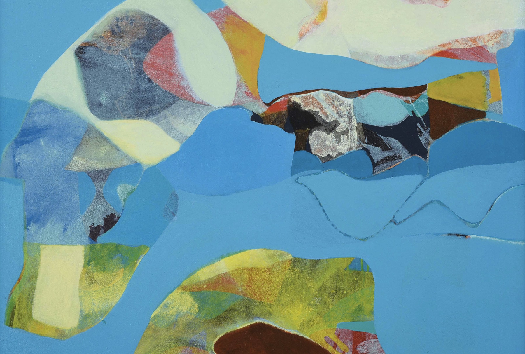 An abstract mixed media painting of liquid shapes set against a blue background.